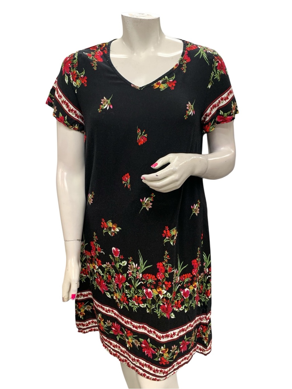 Emery Rose Black Floral Border Shift Dress with Red & Green Accents Size Xl